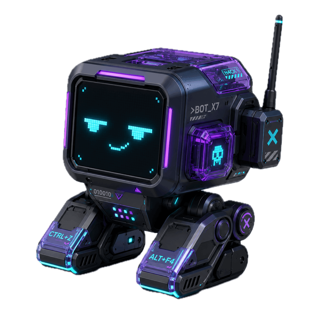 Jinx — a midnight-blue hacker droid with CTRL+Z and ALT+F4 painted on its treads
