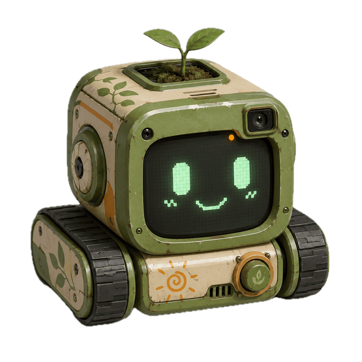Otto — a sage-green garden droid with a sprout growing from its head