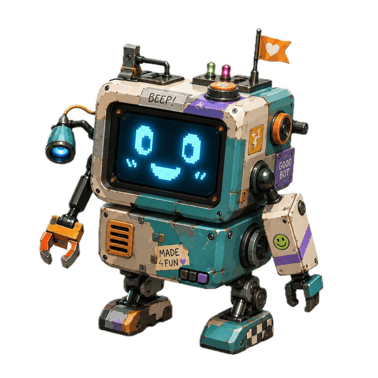 Beans — a teal patchwork droid waving a little heart flag, GOOD BOT sticker on its arm
