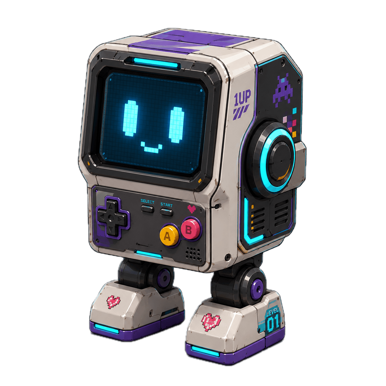 A retro handheld-console droid with a D-pad chest and pixel-heart stickers