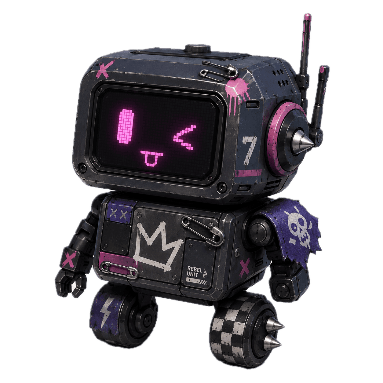 Vex — a black punk droid with a graffiti crown and safety pins