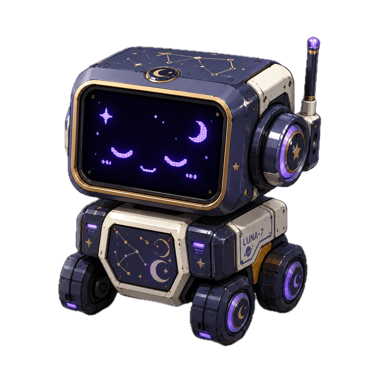 Ren — a navy droid painted with constellations, eyes closed, listening