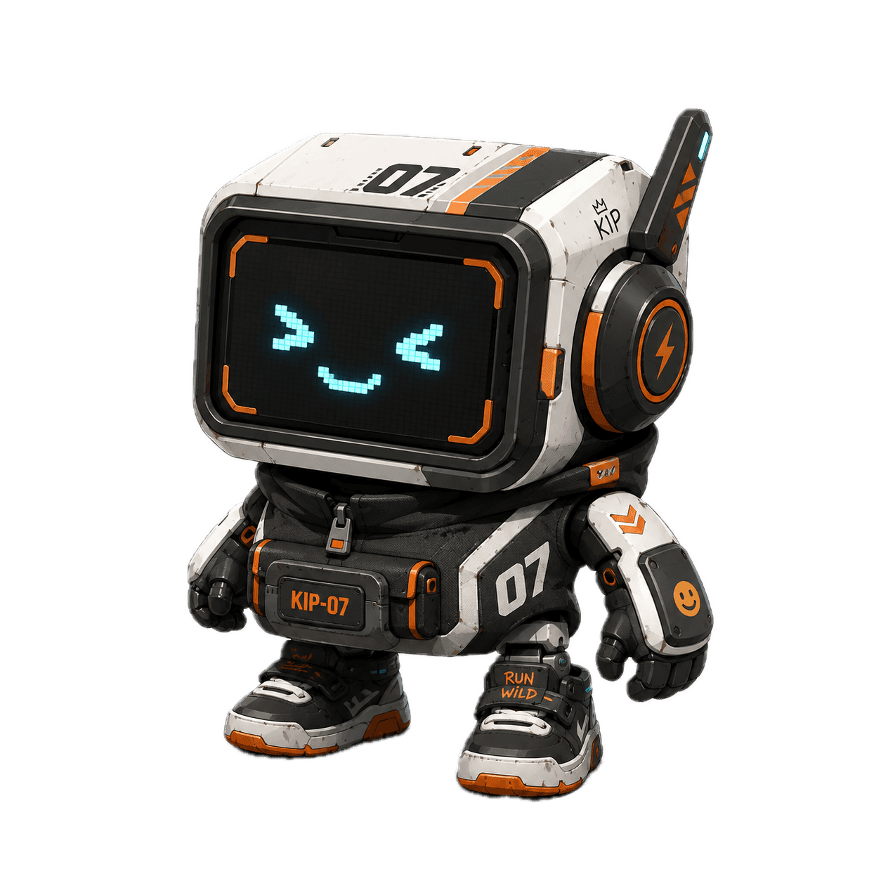 Pip — a sporty white-and-orange droid in chunky sneakers
